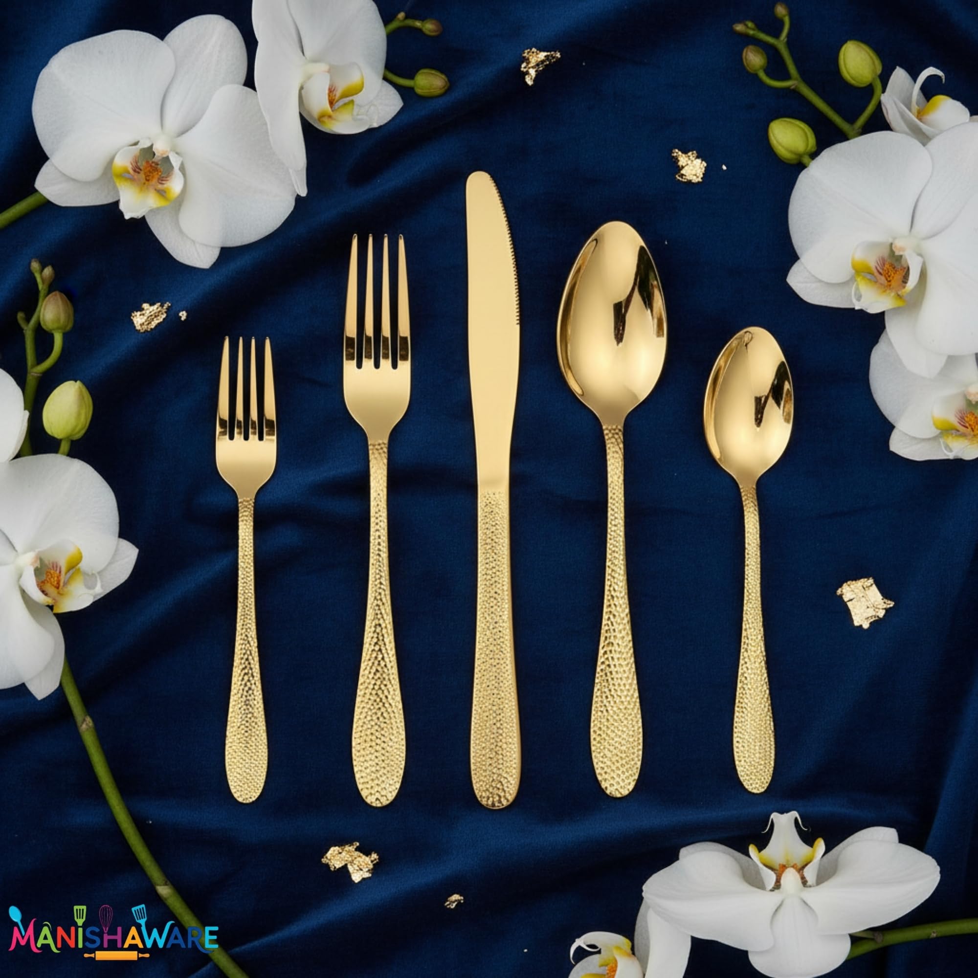 Manishaware Hammered Gold 15 Pcs Stainless Steel Cutlery Set for Dining Table, Dishwasher Safe Glossy Flatware (3 spoon set+3 forks set+3 Butter knife+3 Dessert Spoon+ 3 Fruit Fork)