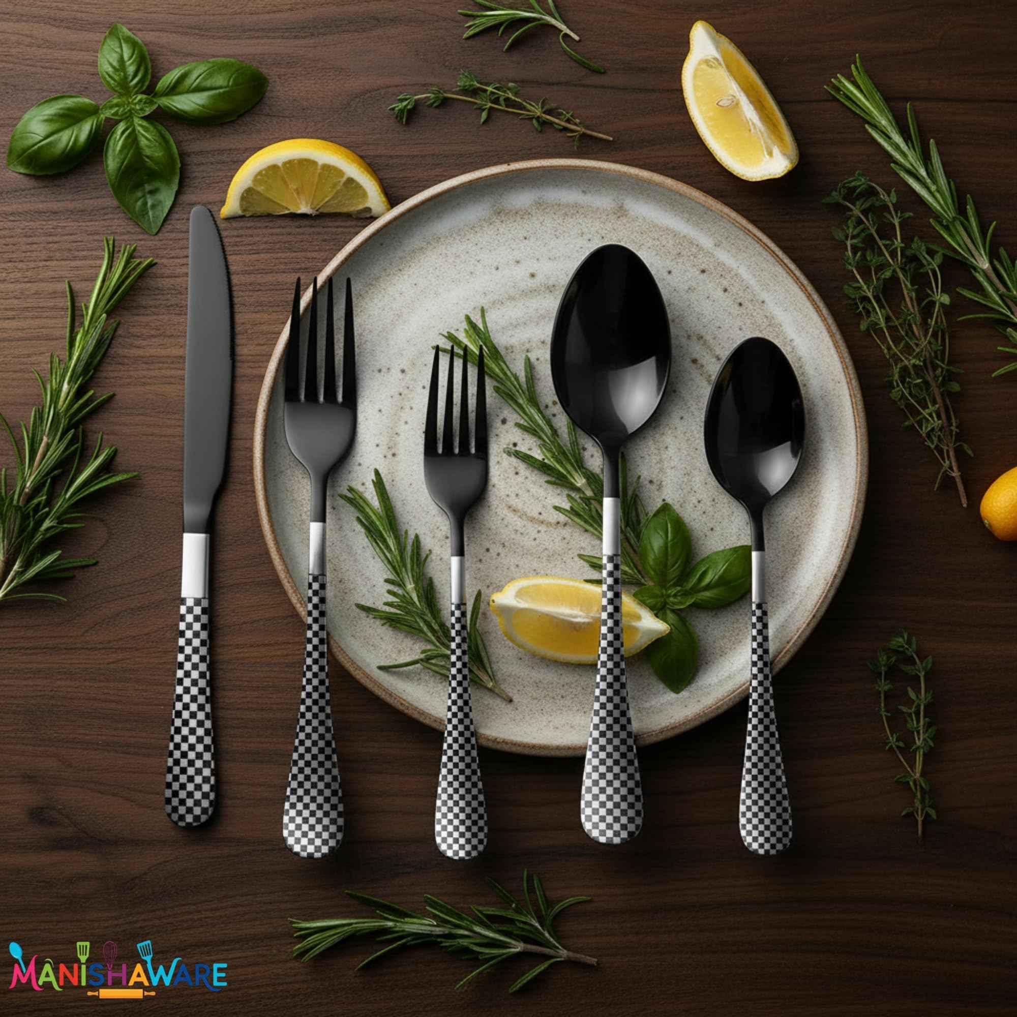 Manishaware Checkered Black 15 Pcs Stainless Steel Cutlery Set for Dining Table, Dishwasher Safe Glossy Flatware (3 spoon set+3 forks set+3 Butter knife+3 Dessert Spoon+ 3 Fruit Fork)