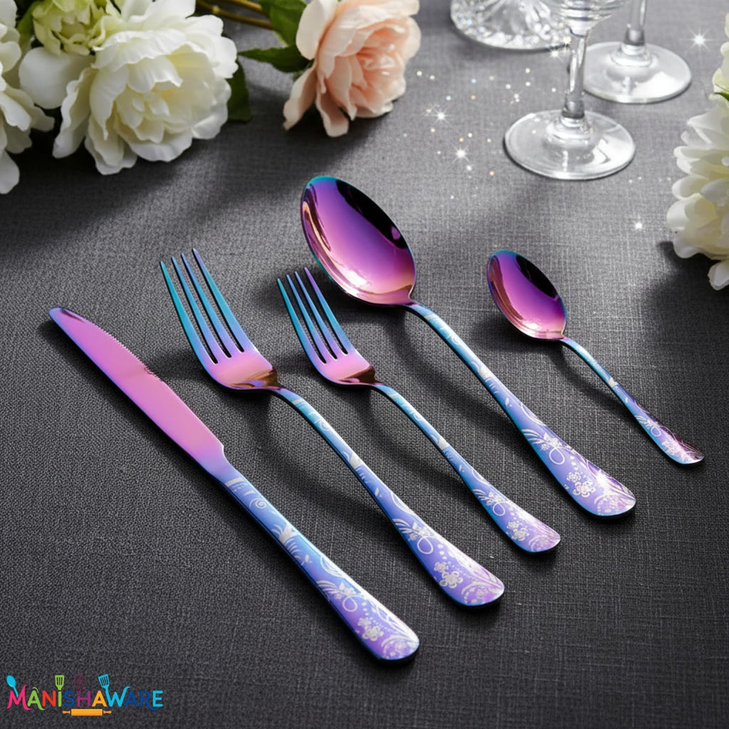 Manishaware Floral Rainbow 15 Pcs Stainless Steel Cutlery Set for Dining Table, Dishwasher Safe Glossy Flatware (3 spoon set+3 forks set+3 Butter knife+3 Dessert Spoon+ 3 FruitFork)