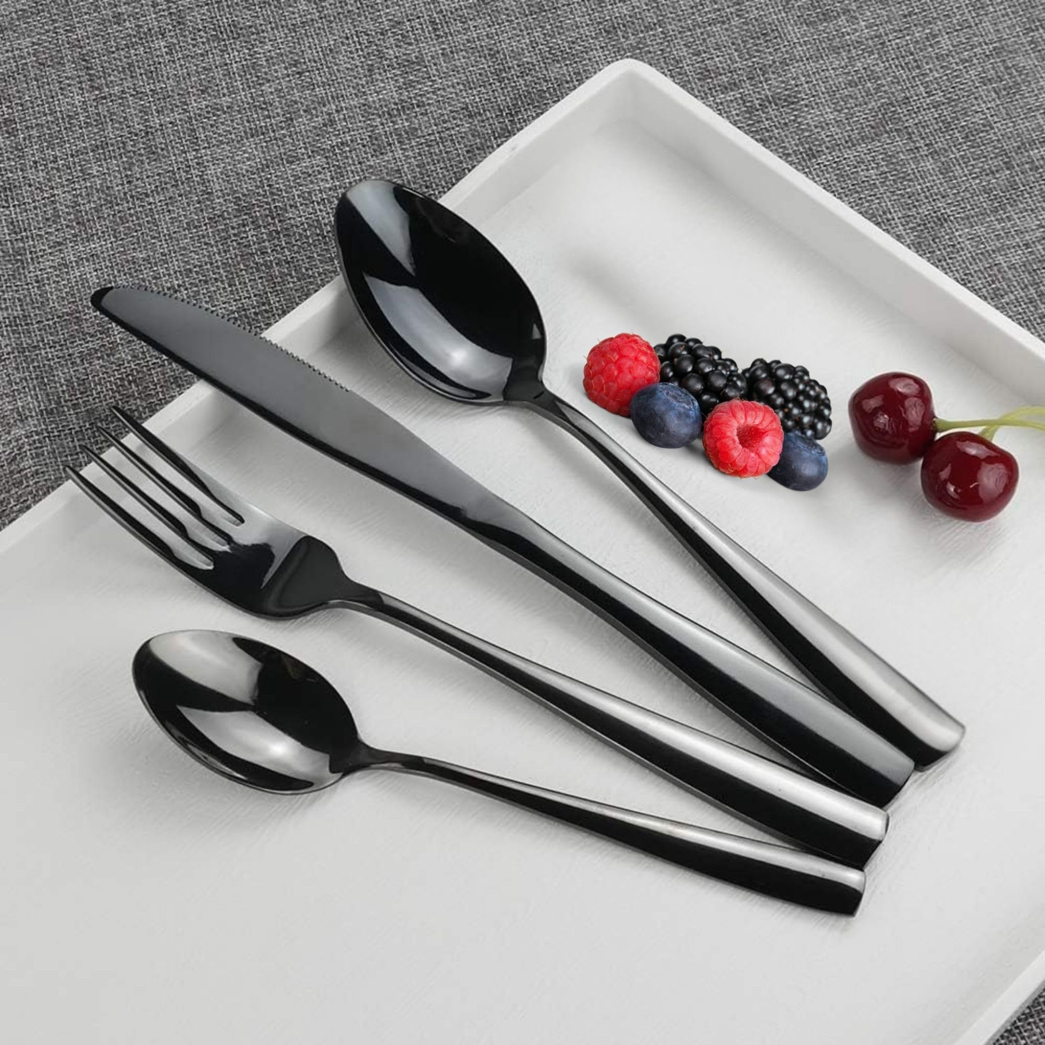 Manishaware Mirror Polished Black 8 Pcs Stainless Steel Cutlery Set for Dining Table, Dishwasher Safe Glossy Flatware (2 spoon set + 2 forks set + 2 Butter knife + 2 Dessert Spoon)
