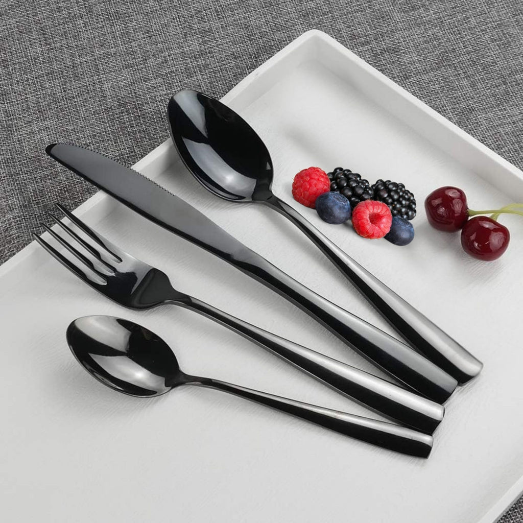 Manishaware Mirror Polished Black 16 Pcs Stainless Steel Cutlery Set for Dining Table, Dishwasher Safe Glossy Flatware (4 spoon set + 4 forks set + 4 Butter knife + 4 Dessert Spoon)