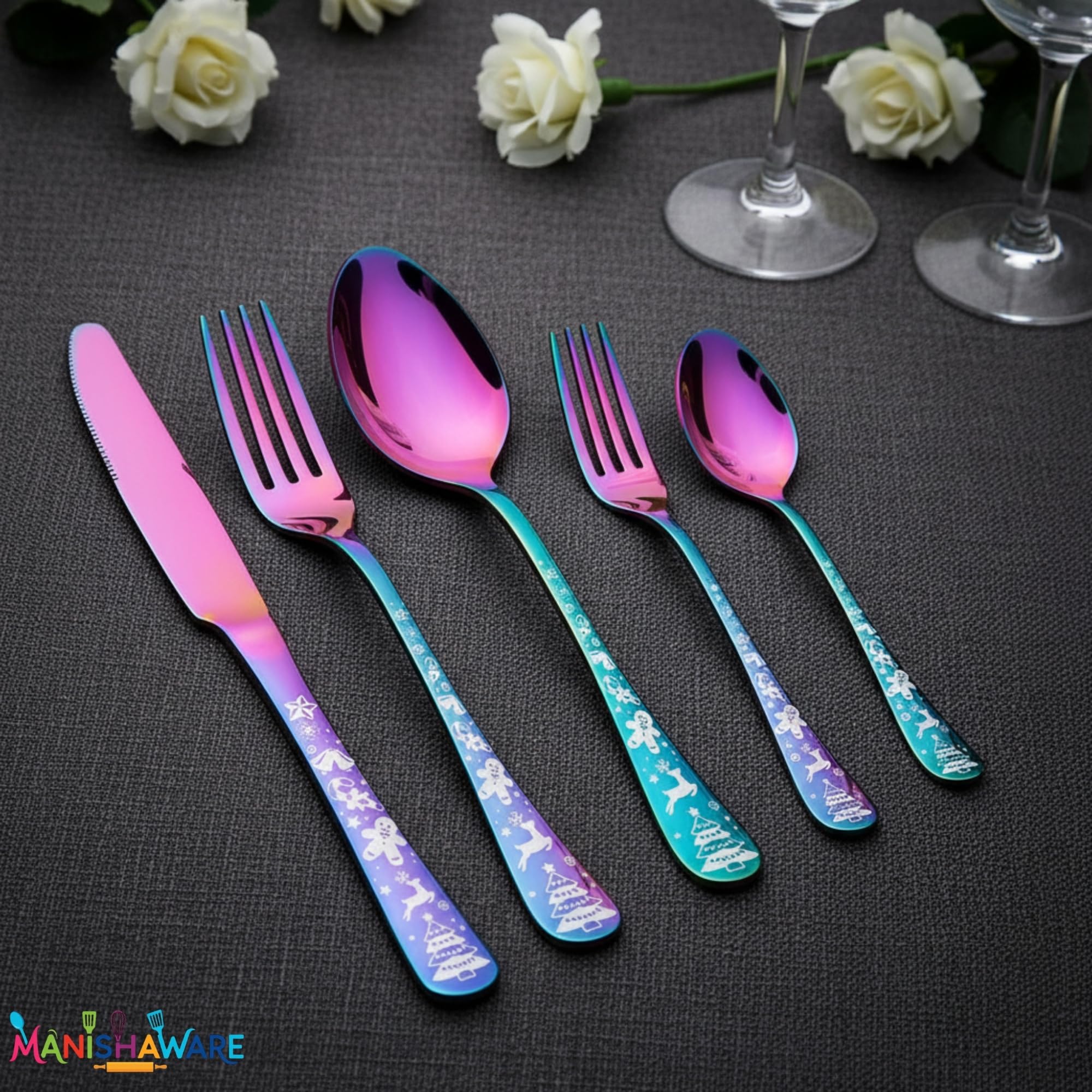Manishaware Christmas Rainbow 10 Pcs Stainless Steel Cutlery Set for Dining Table, Dishwasher Safe Glossy Flatware (2 spoon set+2 forks set+2 Butter knife+2 Dessert Spoon+ 2 Fruit Fork)