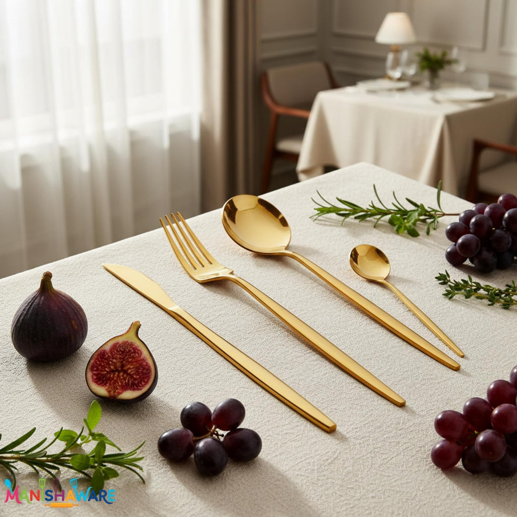 Manishaware Slim Handle Gold 16 Pcs Stainless Steel Cutlery Set for Dining Table, Dishwasher Safe Glossy Flatware (4 spoon set + 4 forks set + 4 Butter knife + 4 Dessert Spoon)