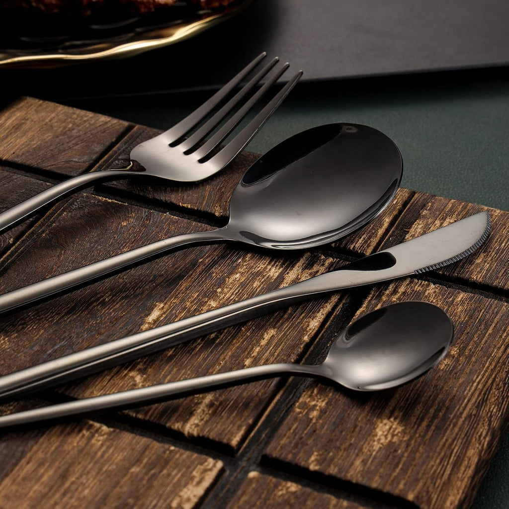 Manishaware Slim Handle Black 20 Pcs Stainless Steel Cutlery Set for Dining Table, Dishwasher Safe Glossy Flatware (5 spoon set+5 forks set+5 Butter knife+5 Dessert Spoon)