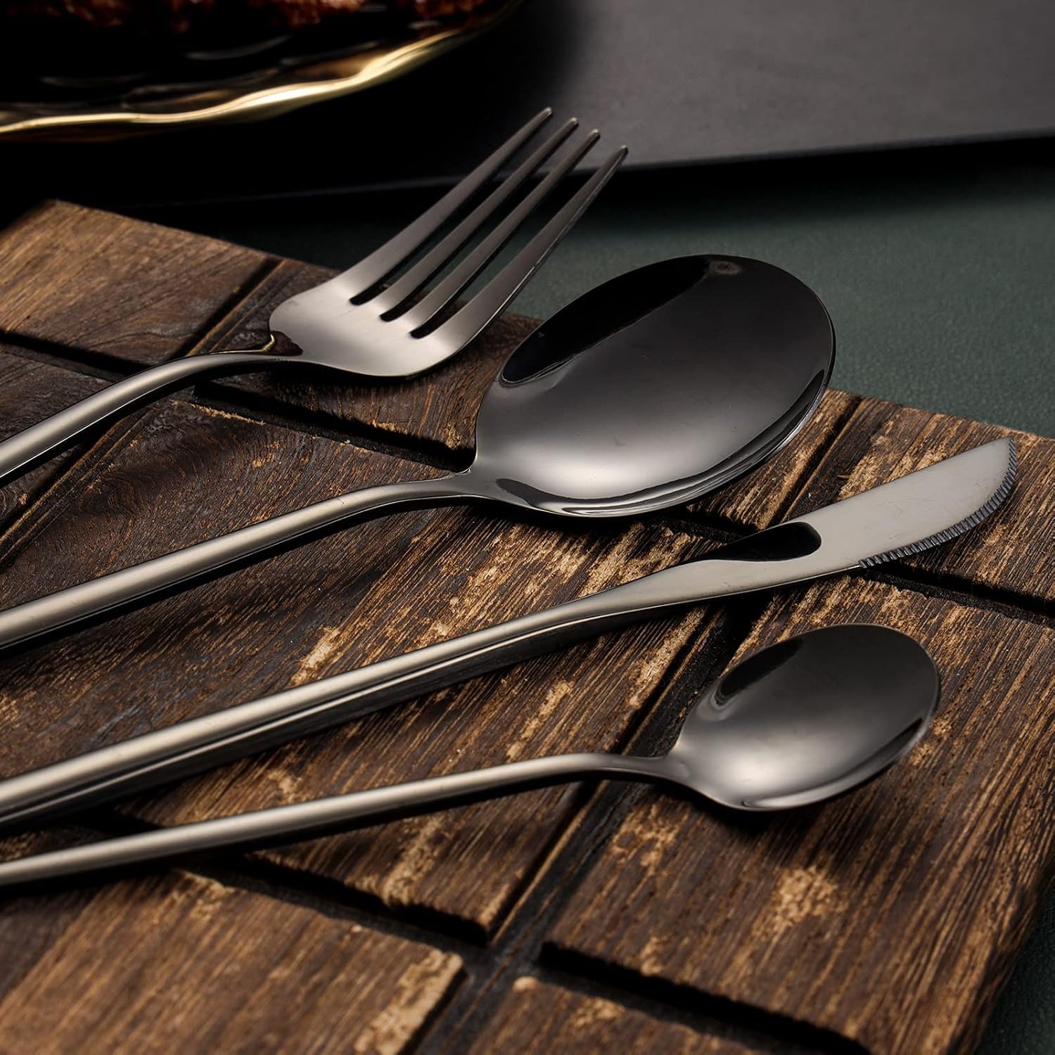 Manishaware Slim Handle Black 20 Pcs Stainless Steel Cutlery Set for Dining Table, Dishwasher Safe Glossy Flatware (5 spoon set+5 forks set+5 Butter knife+5 Dessert Spoon)