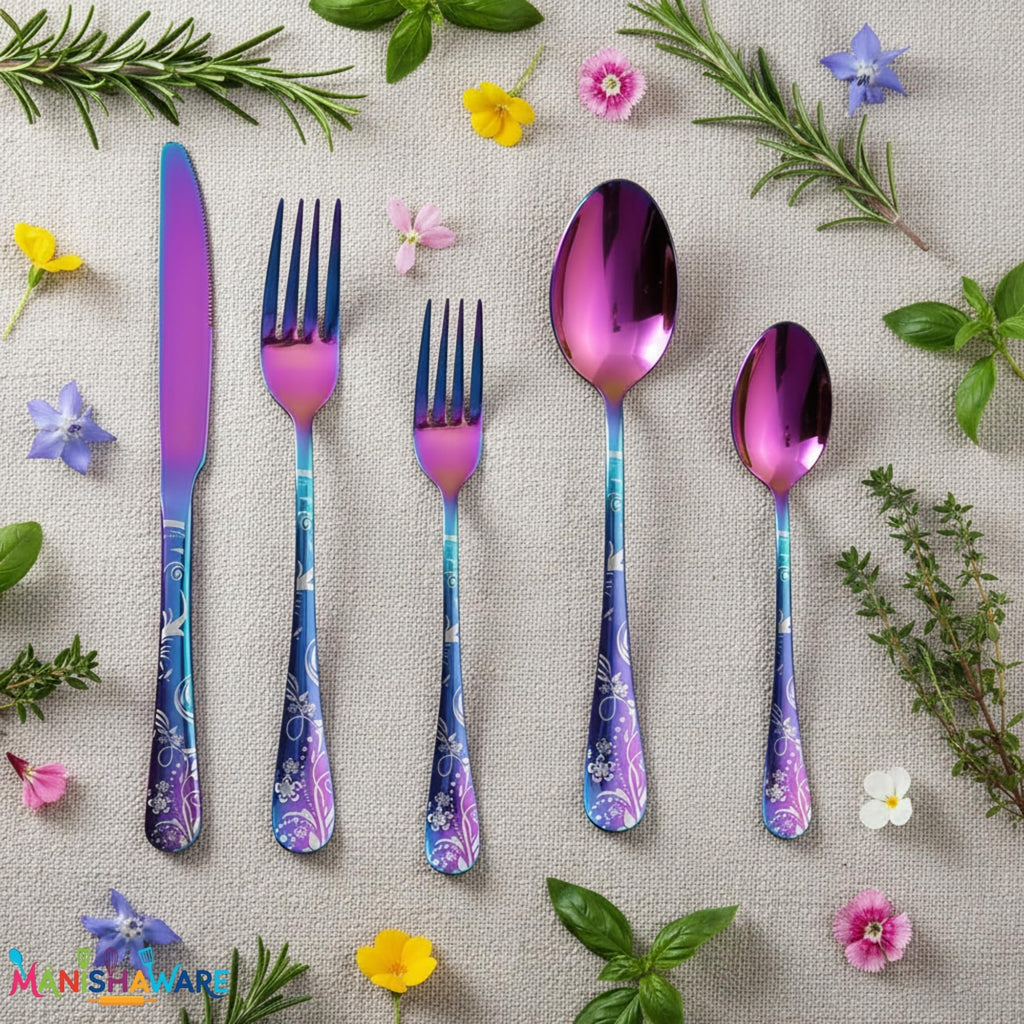 Manishaware Floral Rainbow 20 Pcs Stainless Steel Cutlery Set for Dining Table, Dishwasher Safe Glossy Flatware (4 spoon set+4 forks set+4 Butter knife+4 Dessert Spoon+ 4 FruitFork)