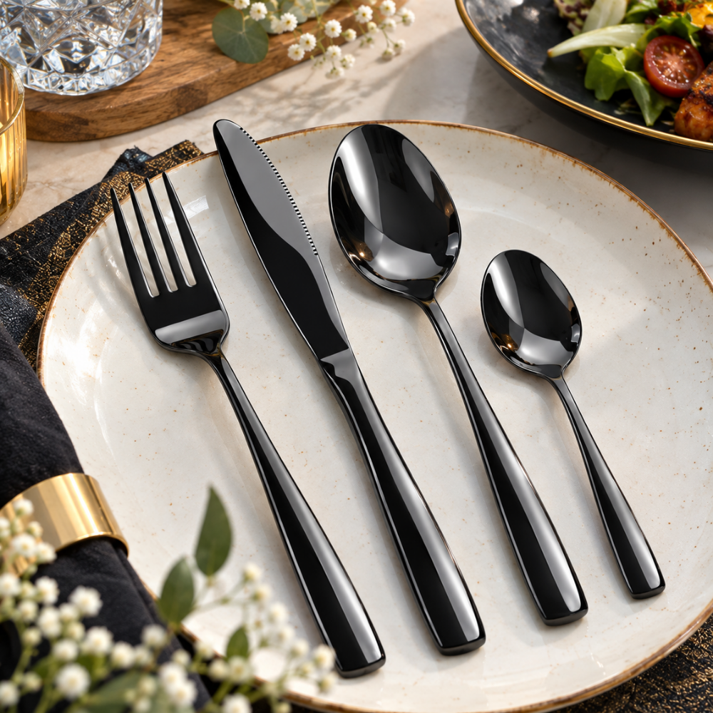 Black Mirror Royal Cutlery Gift Set (Knife, Fork & 2 Spoons per Person) – MANISHAWARE stainless steel cutlery