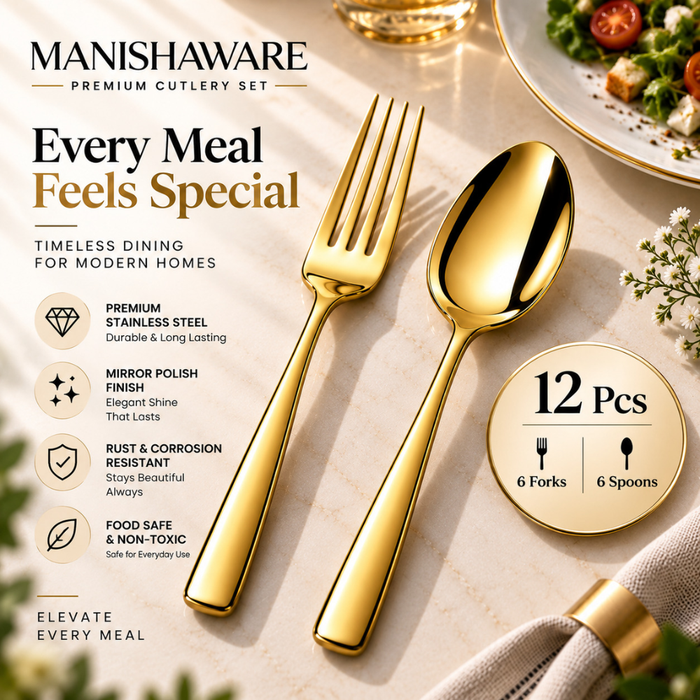 Gold Mirror Fork & Spoon Gift Set (6 Forks + 6 Spoons)