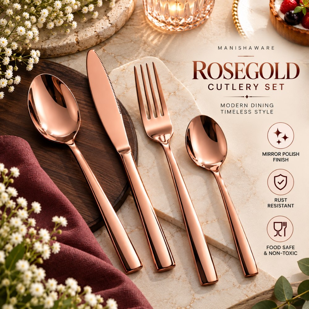 Rose Gold Mirror Royal Cutlery Gift Set (Knife, Fork & 2 Spoons per Person) – MANISHAWARE stainless steel cutlery