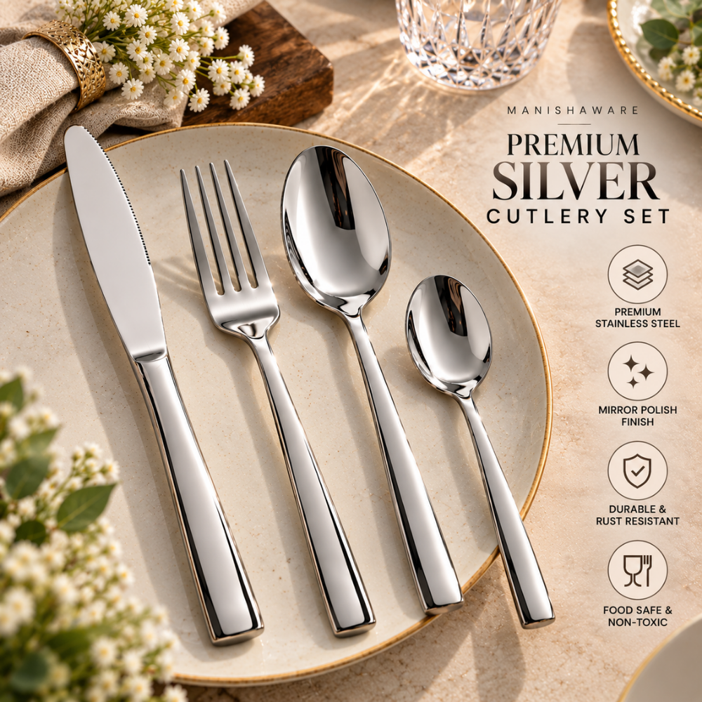 Silver Mirror Royal Cutlery Gift Set (Knife, Fork & 2 Spoons per Person) – MANISHAWARE stainless steel cutlery