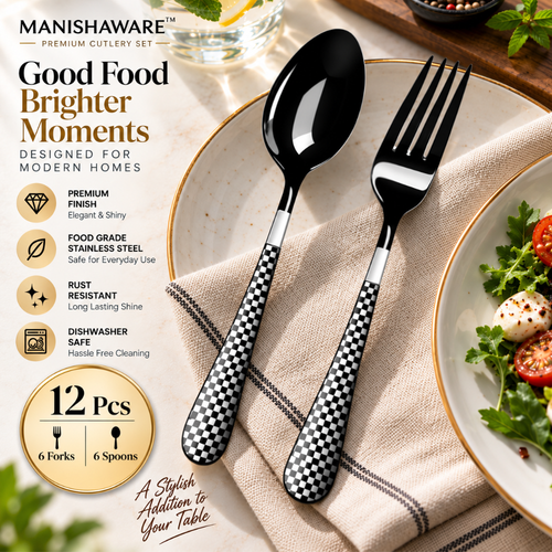 Black Fork & Spoon Set Checker Design – MANISHAWARE stainless steel cutlery