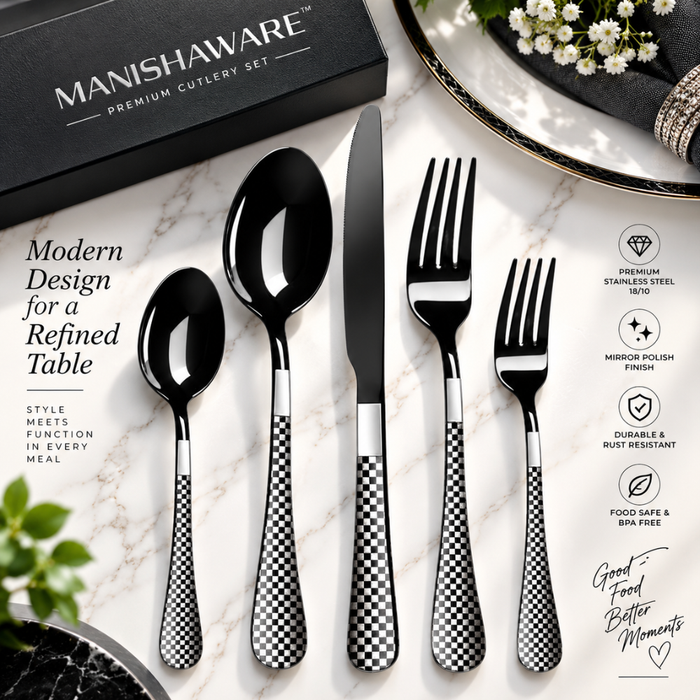 Black Checker Premium Cutlery Gift Set (Knife, 2 Forks & 2 Spoons per Person)