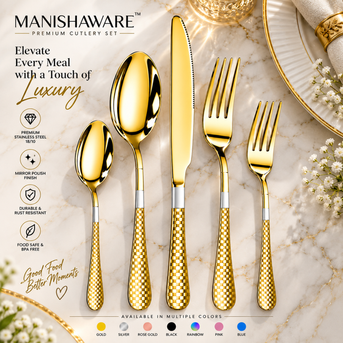 Gold Checker Premium Cutlery Gift Set (Knife, 2 Forks & 2 Spoons per Person)