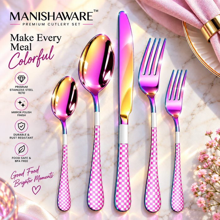 Rainbow Checker Premium Cutlery Gift Set (Knife, 2 Forks & 2 Spoons per Person)