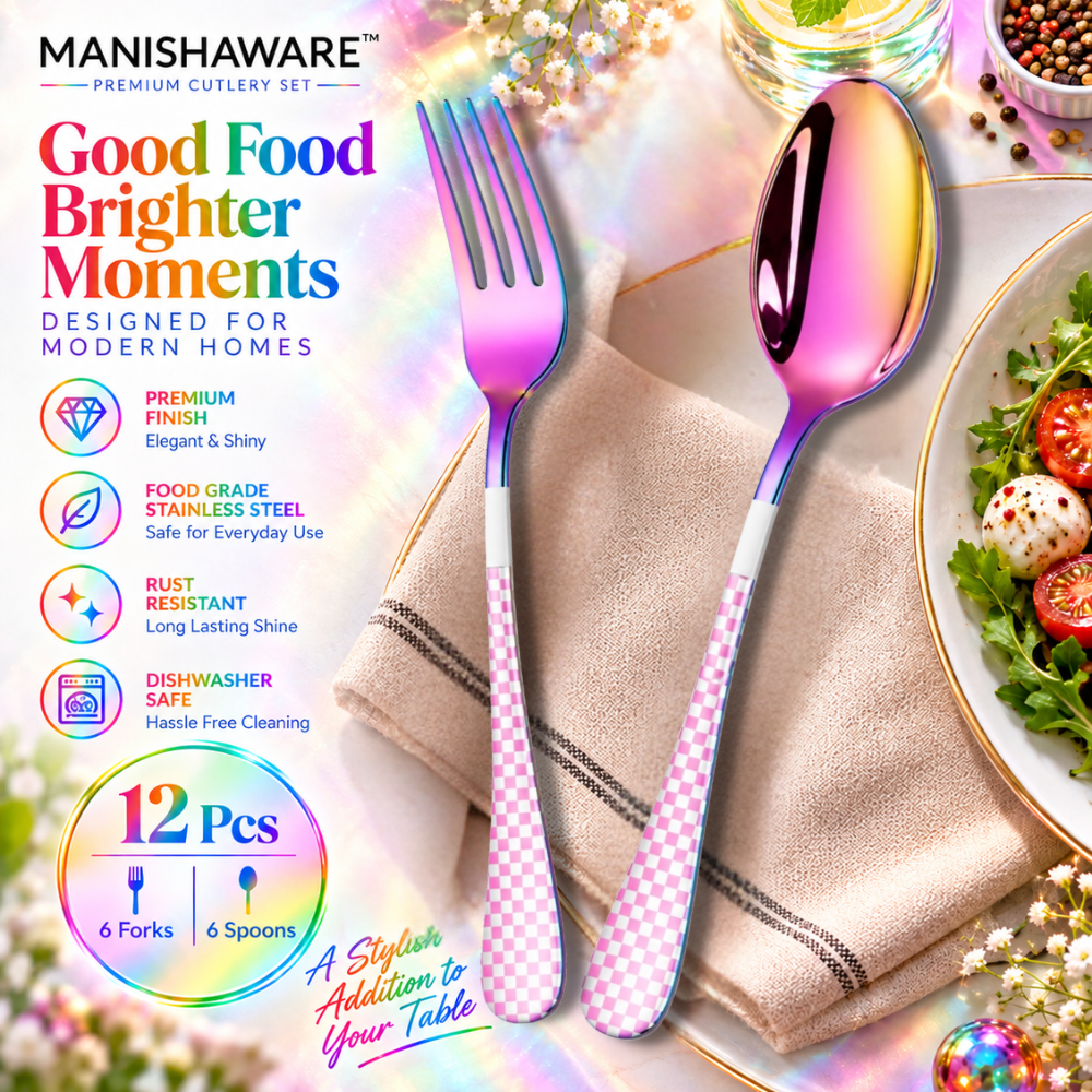 Rainbow Checker Fork & Spoon Gift Set (6 Forks + 6 Spoons) – MANISHAWARE stainless steel cutlery