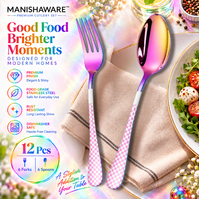Rainbow Checker Fork & Spoon Gift Set (6 Forks + 6 Spoons)