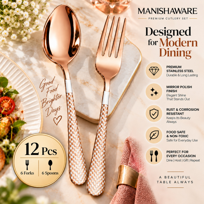 Rose Gold Checker Fork & Spoon Gift Set (6 Forks + 6 Spoons)