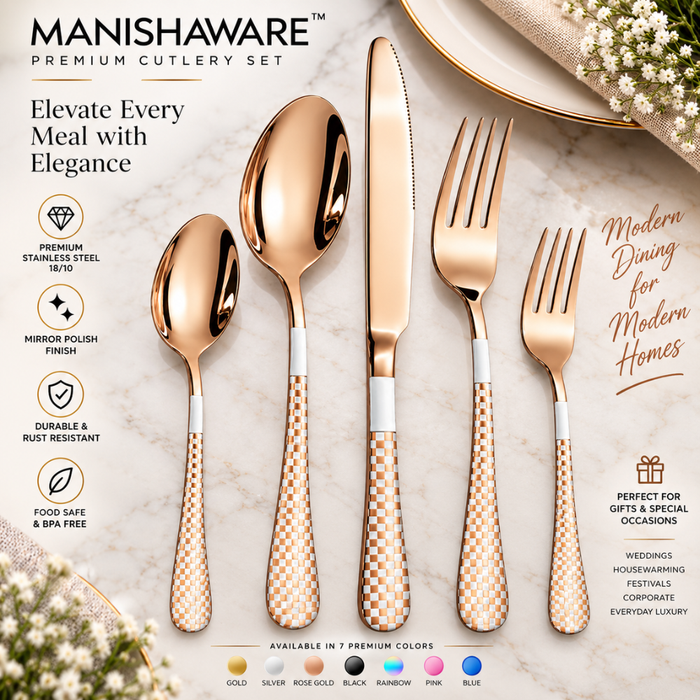 Rose Gold Checker Premium Cutlery Gift Set (Knife, 2 Forks & 2 Spoons per Person)