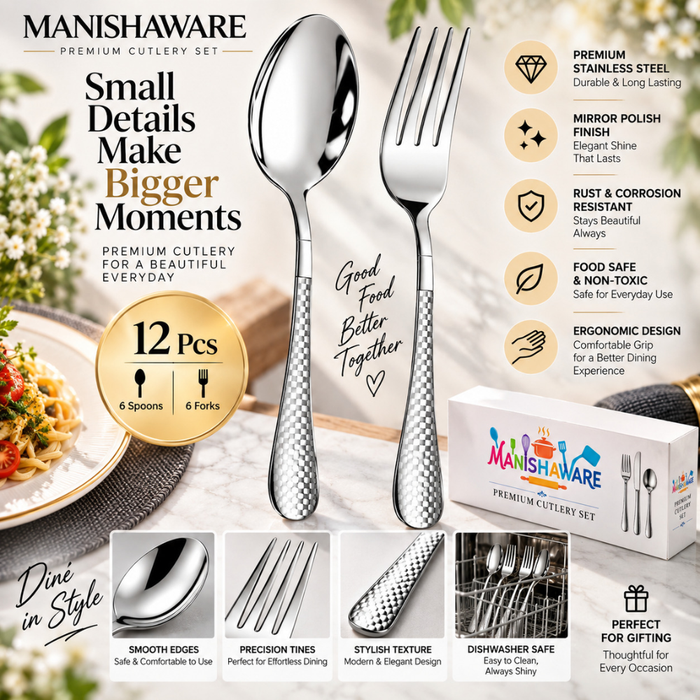 Silver Checker Fork & Spoon Gift Set (6 Forks + 6 Spoons)