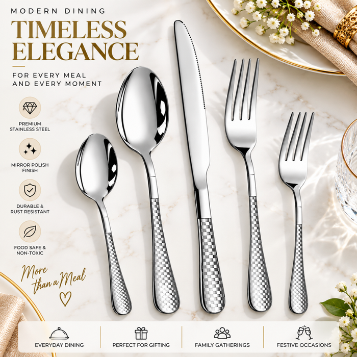 Silver Checker Premium Cutlery Gift Set (Knife, 2 Forks & 2 Spoons per Person)