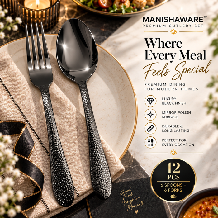 Black Hammered Fork & Spoon Gift Set (6 Forks + 6 Spoons)