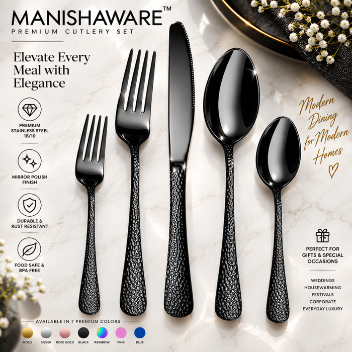 Black Hammered Premium Cutlery Gift Set (Knife, 2 Forks & 2 Spoons per Person)