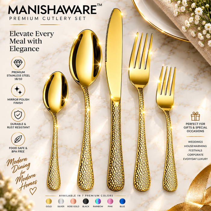Gold Hammered Premium Cutlery Gift Set (Knife, 2 Forks & 2 Spoons per Person)