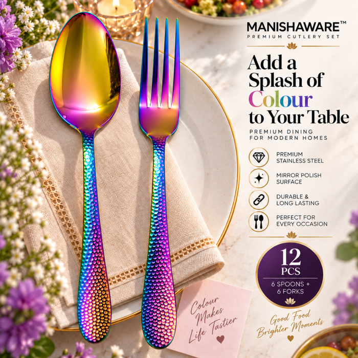 Rainbow Hammered Fork & Spoon Gift Set (6 Forks + 6 Spoons)