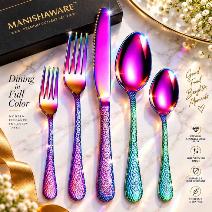 Rainbow Hammered Premium Cutlery Gift Set (Knife, 2 Forks & 2 Spoons per Person)