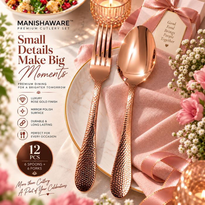 Rose Gold Hammered Fork & Spoon Gift Set (6 Forks + 6 Spoons)