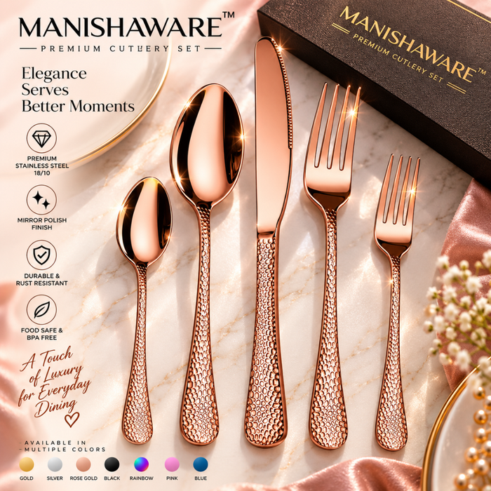 Rose Gold Hammered Premium Cutlery Gift Set (Knife, 2 Forks & 2 Spoons per Person)