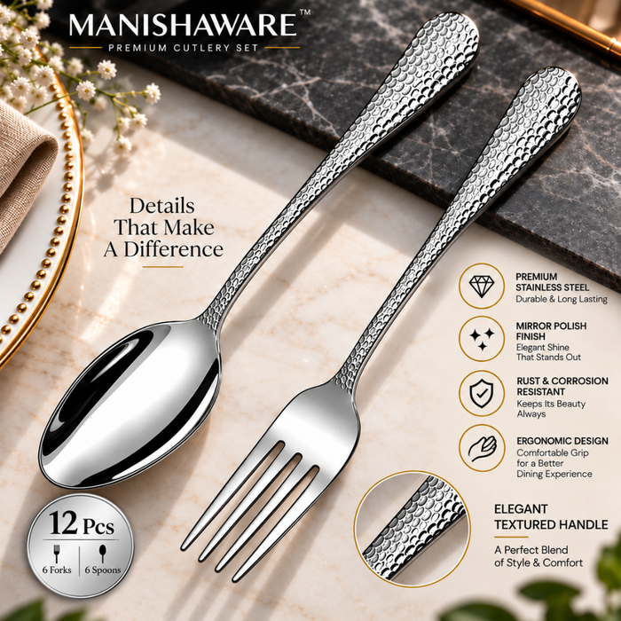 Silver Hammered Fork & Spoon Gift Set (6 Forks + 6 Spoons)
