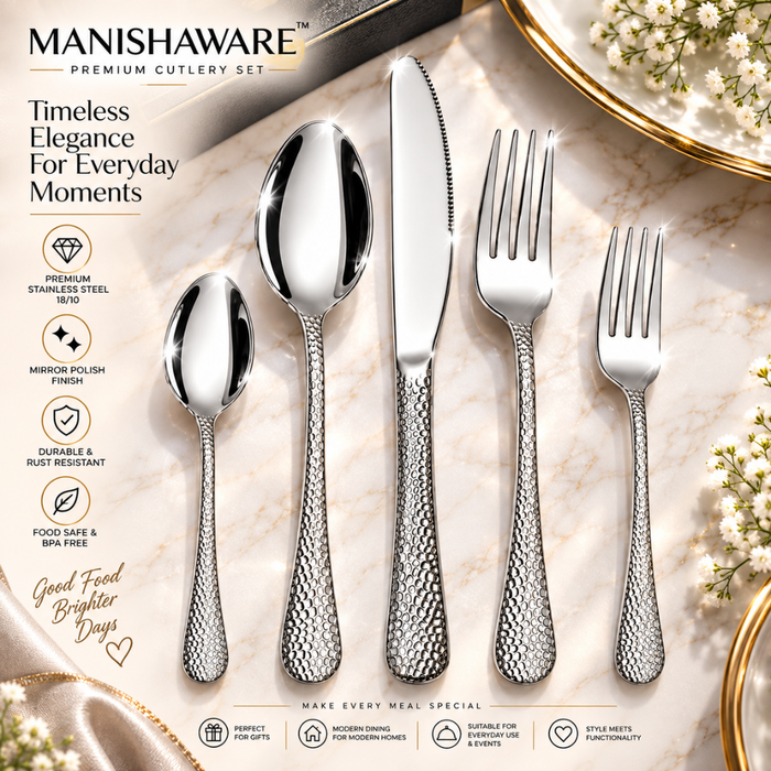 Silver Hammered Premium Cutlery Gift Set (Knife, 2 Forks & 2 Spoons per Person)