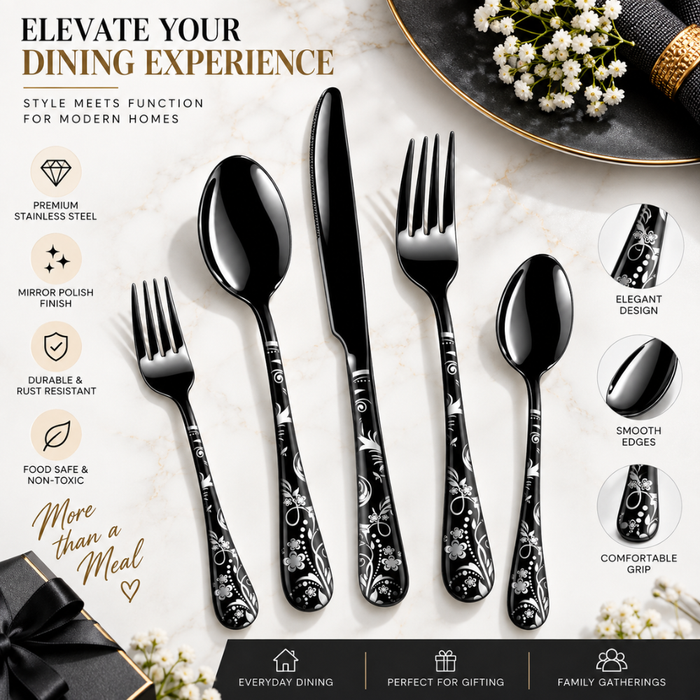 Black Floral Premium Cutlery Gift Set (Knife, 2 Forks & 2 Spoons per Person)