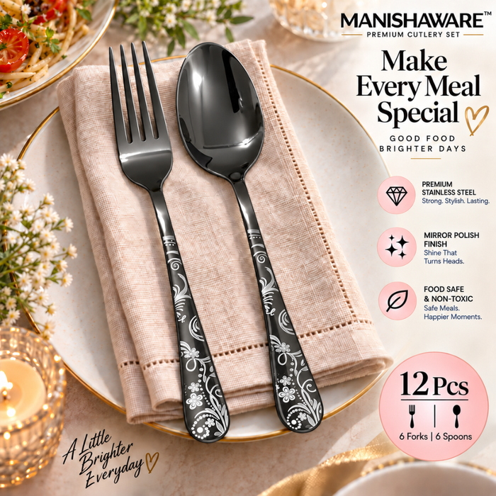 Black Floral Fork & Spoon Gift Set (6 Forks + 6 Spoons)