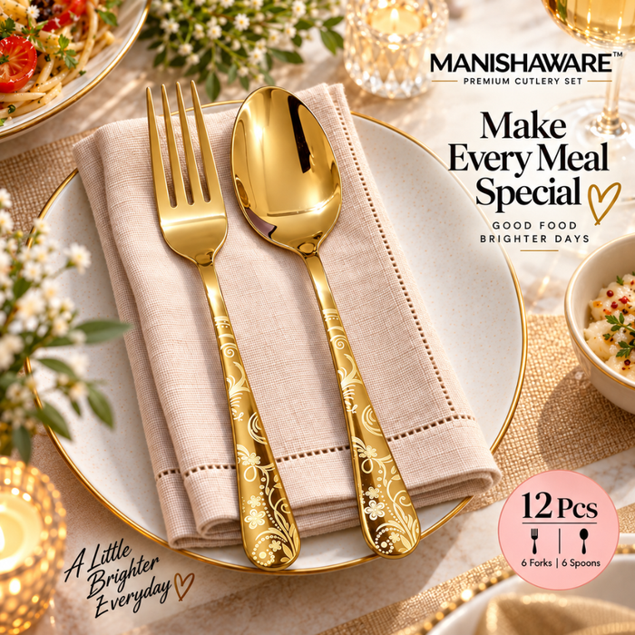 Gold Floral Fork & Spoon Gift Set (6 Forks + 6 Spoons)