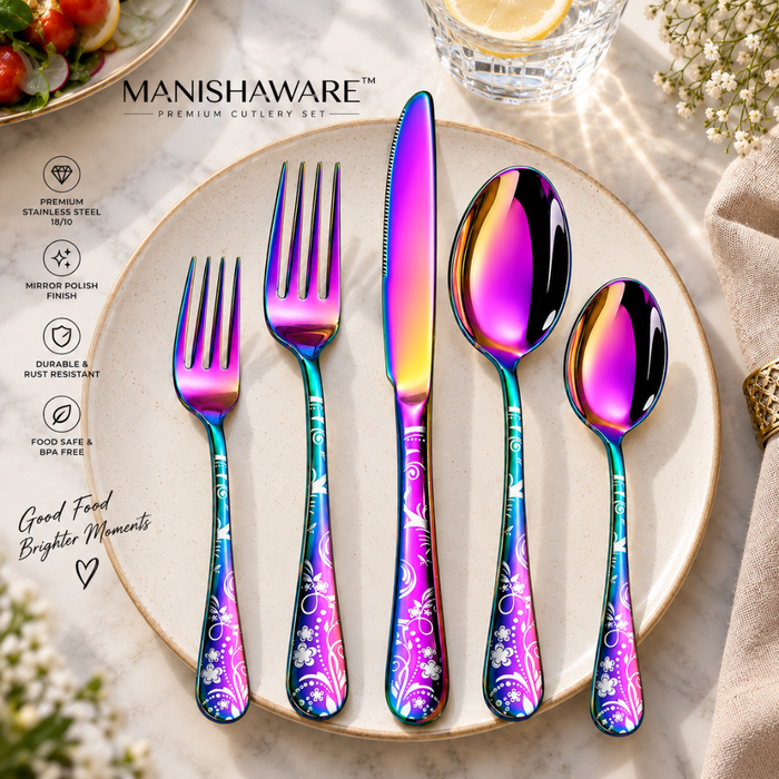 Rainbow Floral Premium Cutlery Gift Set (Knife, 2 Forks & 2 Spoons per Person)
