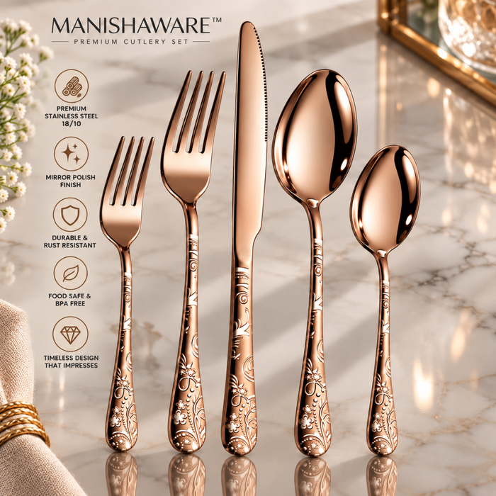 Rose Gold Floral Premium Cutlery Gift Set (Knife, 2 Forks & 2 Spoons per Person)