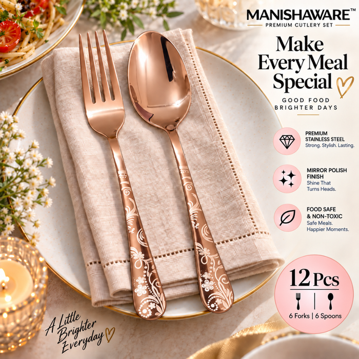 Rose Gold Floral Fork & Spoon Gift Set (6 Forks + 6 Spoons)