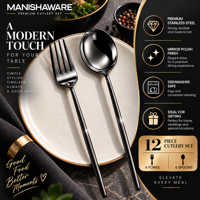 Black Slim Fork & Spoon Gift Set (6 Forks + 6 Spoons)