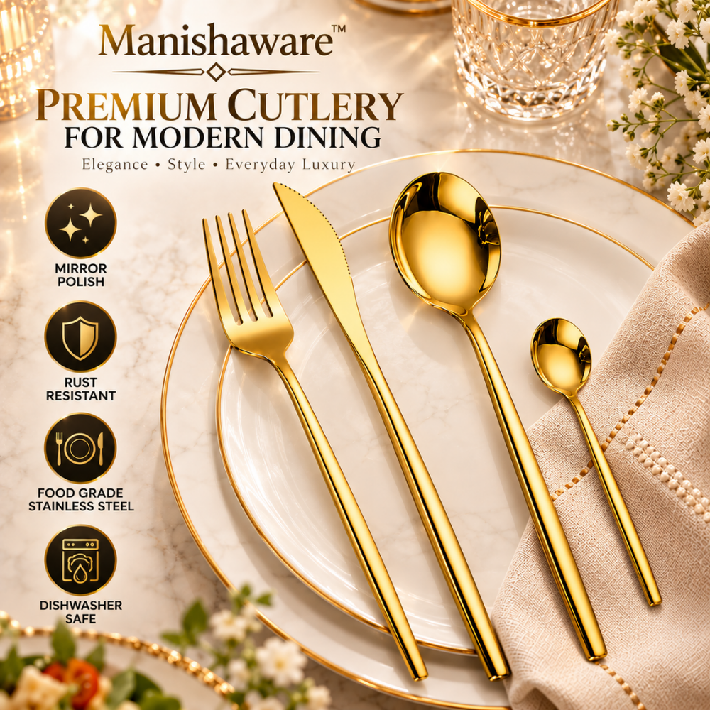 Gold Slim Royal Cutlery Gift Set (Knife, Fork & 2 Spoons per Person) – MANISHAWARE stainless steel cutlery