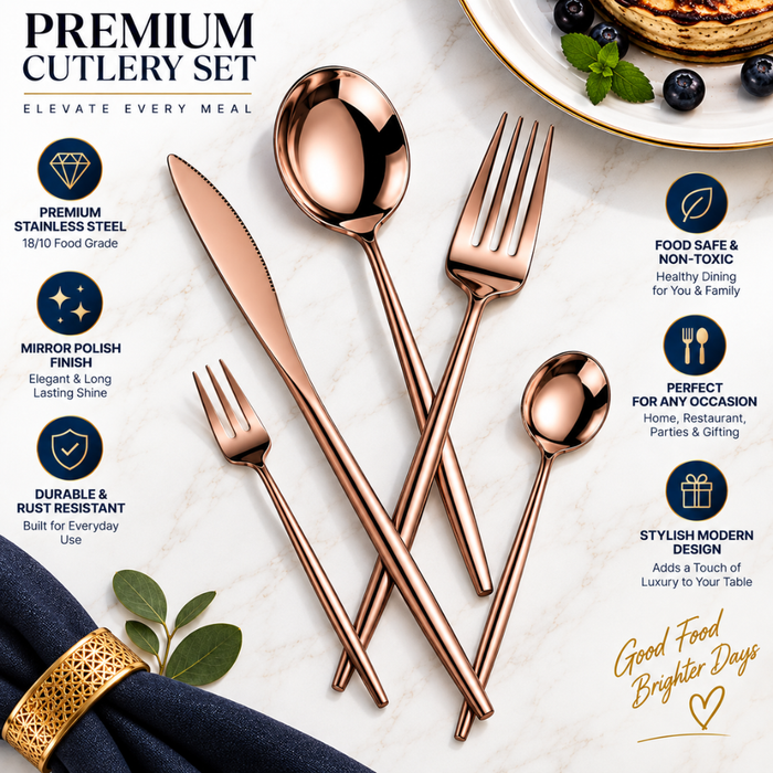 Rose Gold Slim Premium Cutlery Gift Set (Knife, 2 Forks & 2 Spoons per Person)