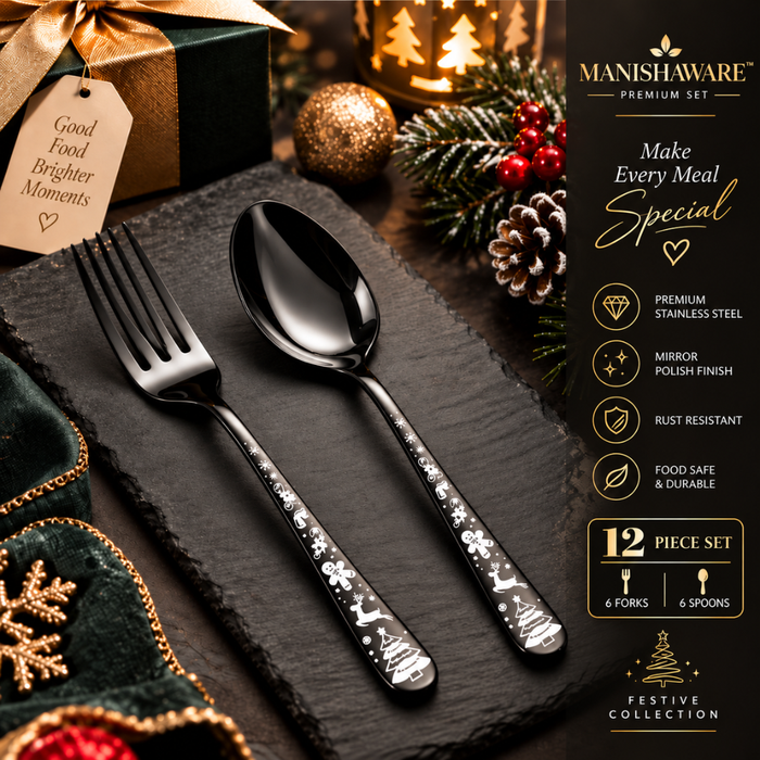 Black Festive Fork & Spoon Gift Set (6 Forks + 6 Spoons)