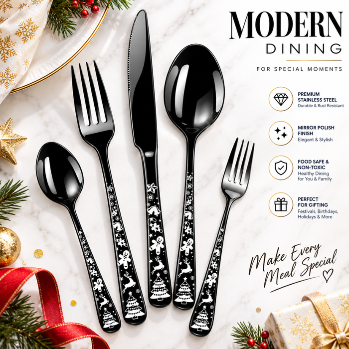 Black Festive Premium Cutlery Gift Set (Knife, 2 Forks & 2 Spoons per Person)