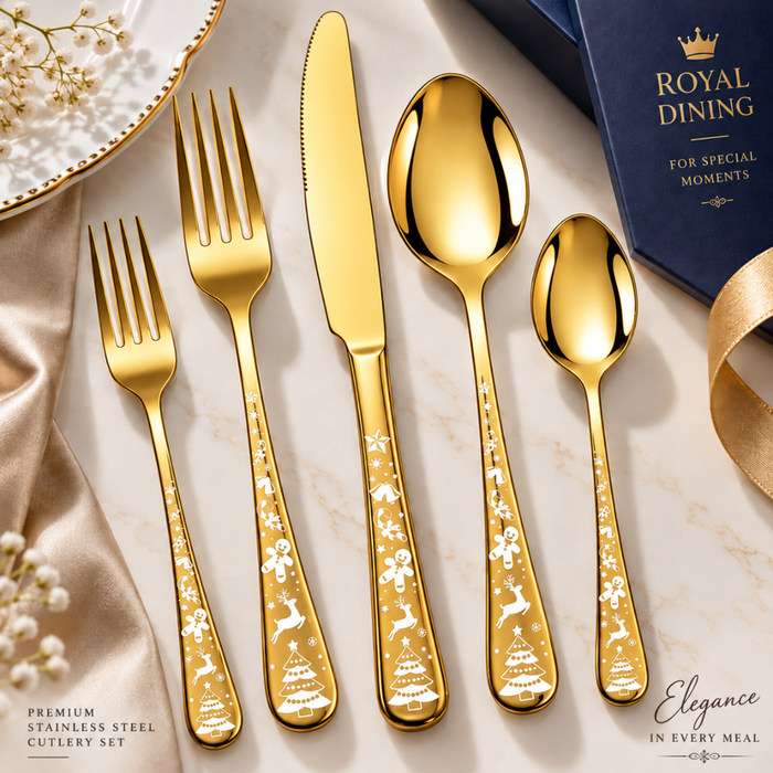 Gold Festive Premium Cutlery Gift Set (Knife, 2 Forks & 2 Spoons per Person)