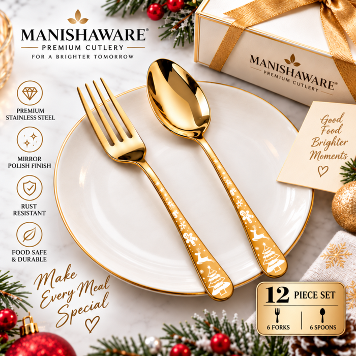 Gold Festive Fork & Spoon Gift Set (6 Forks + 6 Spoons)