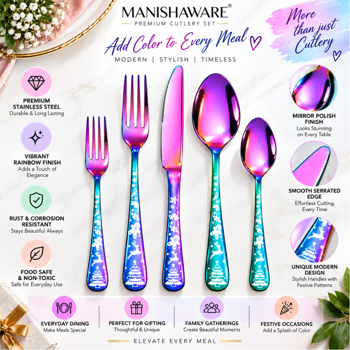 Rainbow Festive Premium Cutlery Gift Set (Knife, 2 Forks & 2 Spoons per Person)