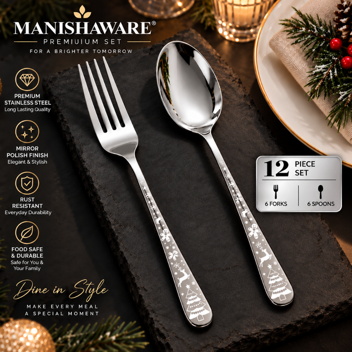 Silver Festive Fork & Spoon Gift Set (6 Forks + 6 Spoons)