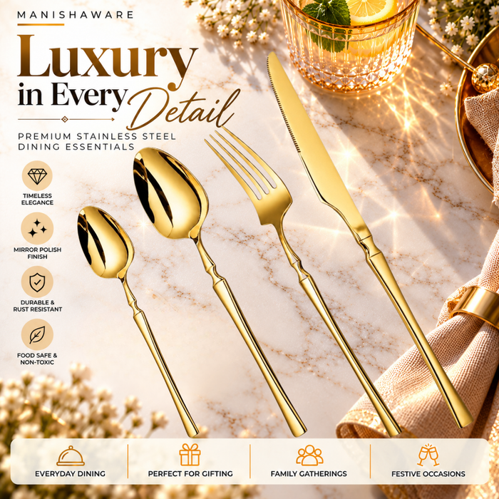 Gold Elegant Royal Cutlery Gift Set (Knife, Fork & 2 Spoons per Person)