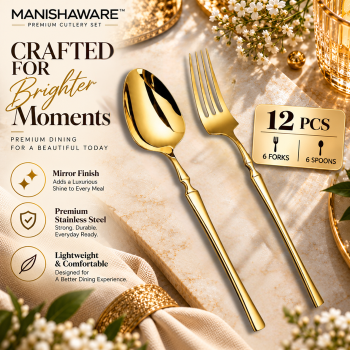 Gold Elegant Fork & Spoon Gift Set (6 Forks + 6 Spoons)